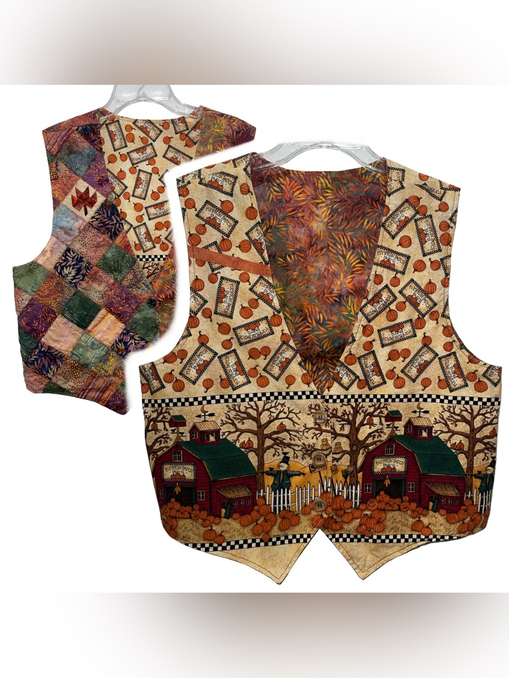 Handmade Reversible Fall Autumn Pumpkin Patch Vest Patchwork Sz M Artsy Cottage